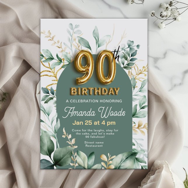 Invitation Or floral verdoyant 90e anniversaire (Créateur téléchargé)