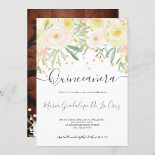 Invitation Or floral vert rose moderne Quinceanera