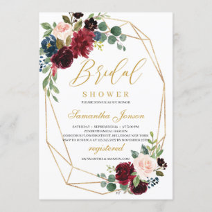 Invitation Or géométrique bordeaux et rose vif floral