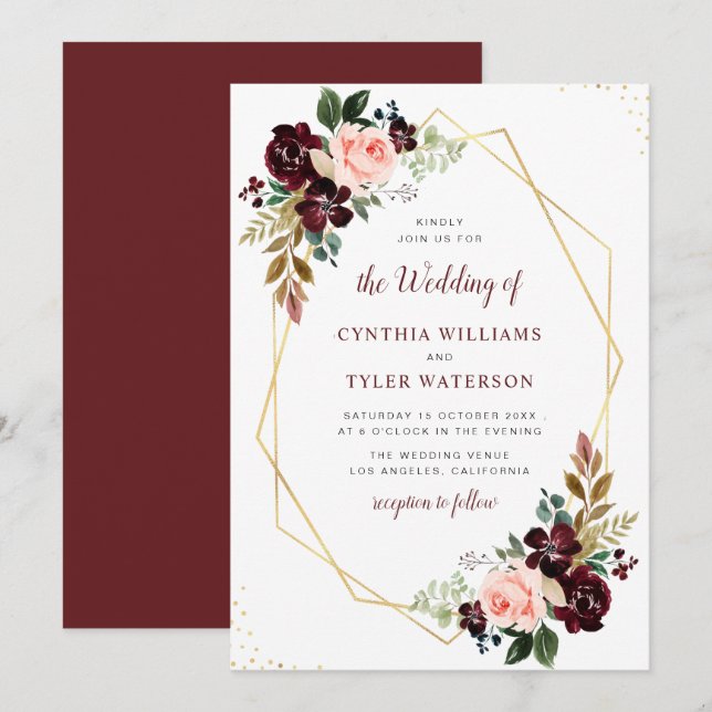 Invitation or géométrique bordeaux & floral mariage (Devant / Derrière)