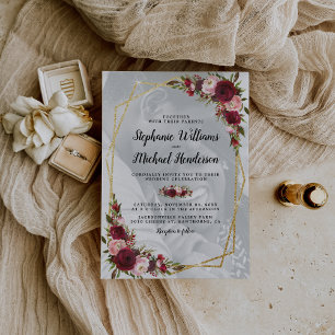 Invitation Or géométrique bordeaux floral photo mariage