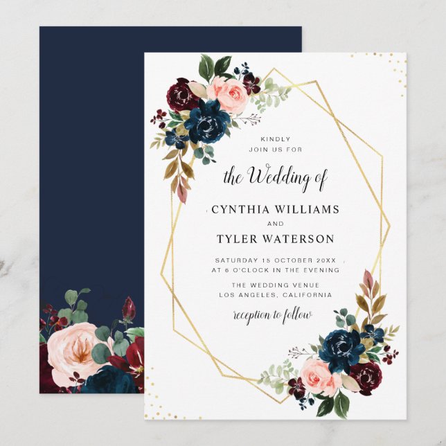Invitation or géométrique bordeaux & marine mariage floral (Devant / Derrière)