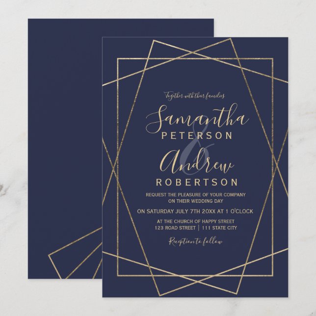 Invitation or géométrique marine bleu typographie mariage (Devant / Derrière)