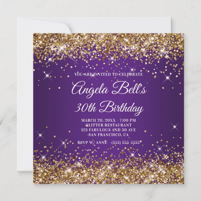 Invitation Or Glitter Doré Pailleté Royal Violet 30e Annivers (Devant)