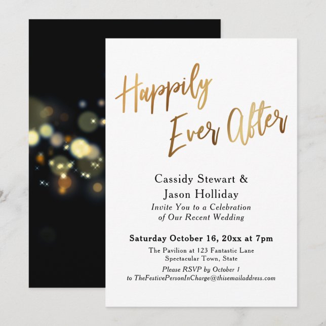 Invitation Or Heureux à jamais Bokeh Fond Noir Réception (Devant / Derrière)