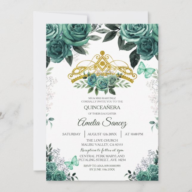 Invitation Or & Hunter Emerald Green Mis Quince (Devant)