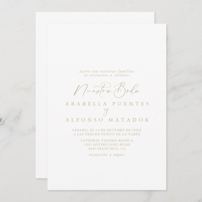 Invitation Or Idyllique calligraphie Nuestra Boda Mariage   (Devant / Derrière)