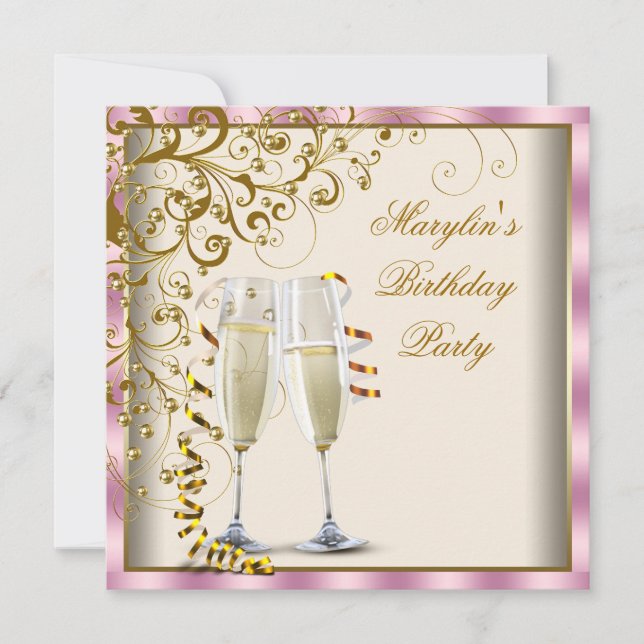 Invitation Or Ivory Femme Rose Or Crème Anniversaire (Devant)