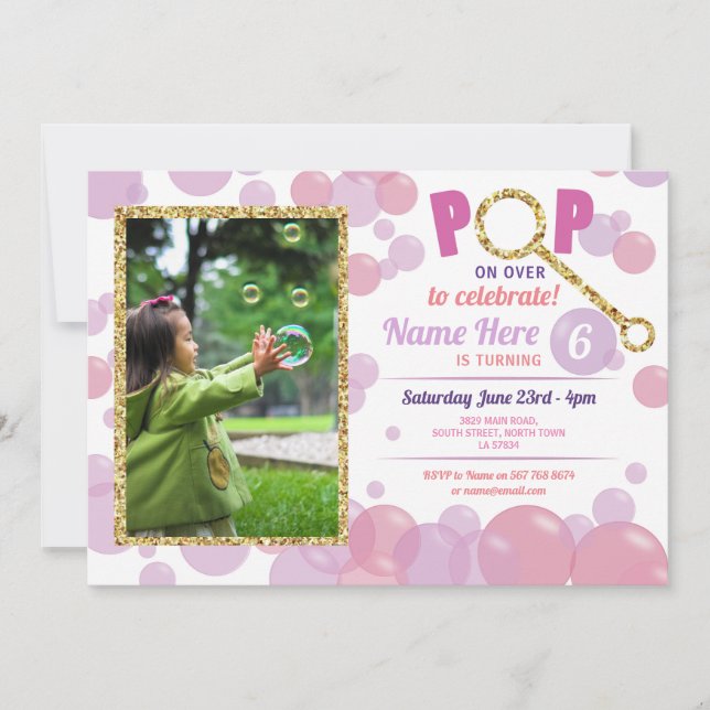 Invitation Or lilas de parties scintillantes de photo de rose (Devant)