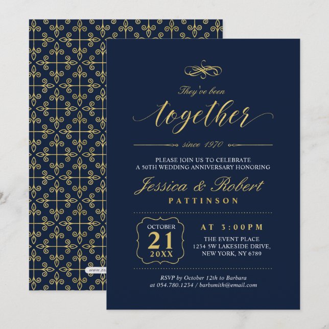 Invitation Or & Marine | 50e anniversaire de mariage élégant (Devant / Derrière)