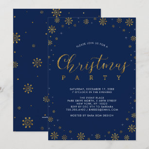 Invitation Or & Marine Fête de Noël Moderne Flocon de Neige