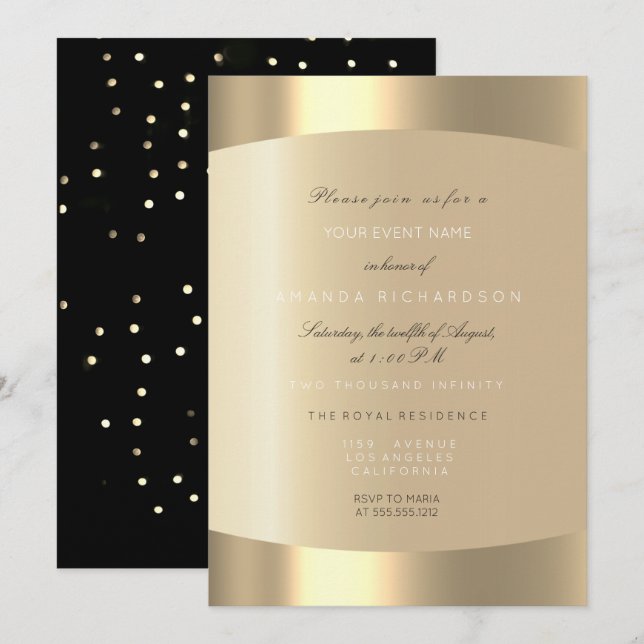 Invitation Or minimal Champagne Or noir Confettis Sépia Ivoir (Devant / Derrière)