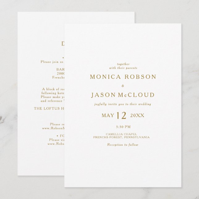 Invitation Or minimaliste classique tout en un Mariage (Devant / Derrière)