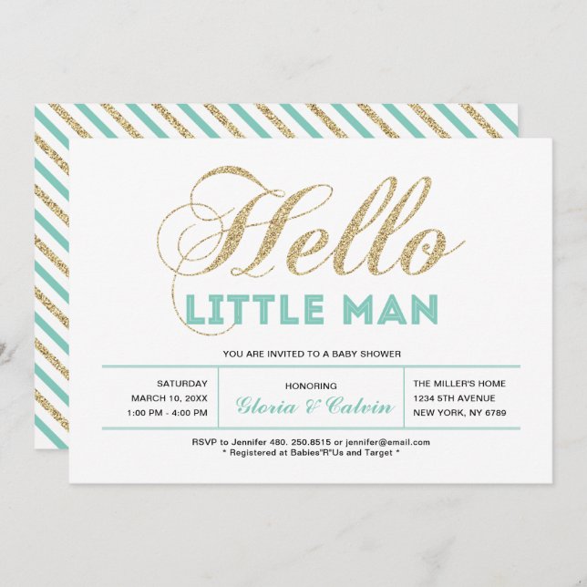 Invitation Or, Mint | Typographie moderne Baby shower garçon (Devant / Derrière)