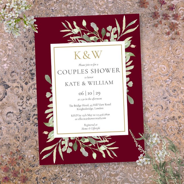 Invitation Or Monogramme Vert Bourgogne Couples Douche (Gold Monogram Greenery Burgundy Couples Shower Invitation)
