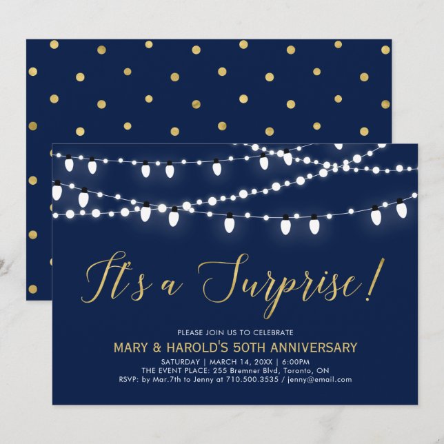 Invitation Or & Navy | 50e anniversaire de mariage surprise (Devant / Derrière)