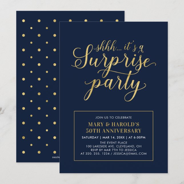Invitation Or & Navy | 50e anniversaire de mariage surprise (Devant / Derrière)