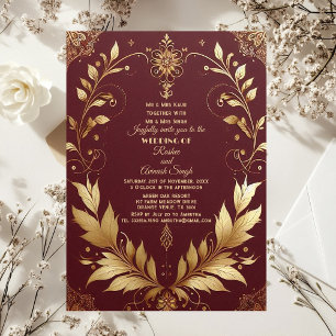 Invitation Or Né Doré Marron Feuillu Indien de Bon Augure