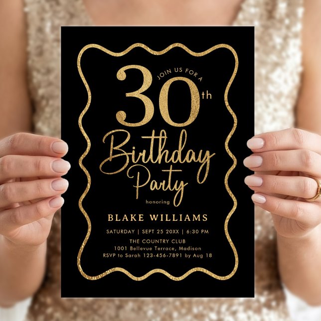 Invitation Or noir 30e anniversaire bordure ondulée (Créateur téléchargé)