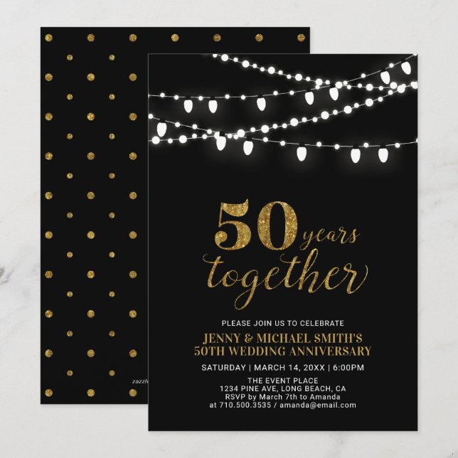 Invitation Or & Noir | 50e anniversaire de mariage Moderne (Devant / Derrière)
