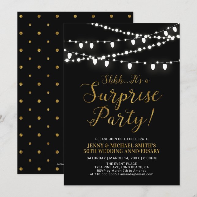 Invitation Or & Noir | 50e anniversaire de mariage surprise (Devant / Derrière)