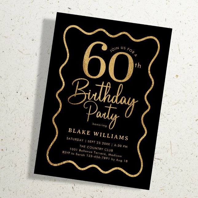 Invitation Or noir 60e anniversaire bordure ondulée (Créateur téléchargé)