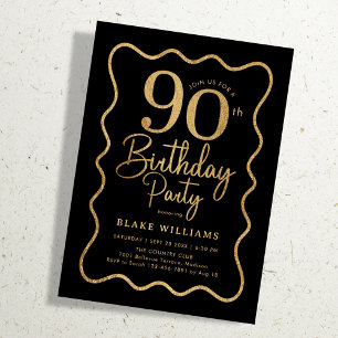 Invitation Or noir 90e anniversaire bordure ondulée