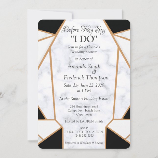 Invitation Or Noir Art \ Mariage sous la douche en marbre bla (Devant)