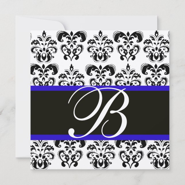 Invitation OR & NOIR BLEU DAMASK MONOGRAM, blanc (Devant)