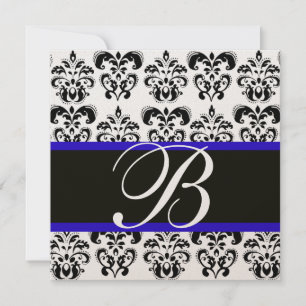Invitation OR & NOIR BLEU DAMASK MONOGRAM, blanc