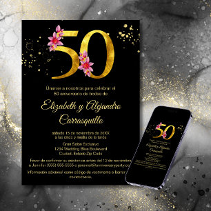 Invitation Or Noir Espagnol Fleurs Roses 50e Anniversaire