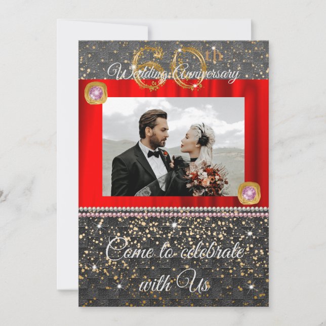 Invitation Or Noir et Diamant Rose 60e Anniversaire de Mariag (Devant)