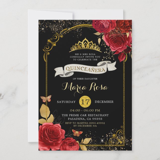 Invitation Or Noir Et Roses Rouges Royales Couronne Quinceañe (Devant)