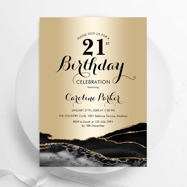 Invitation Or noir marbre d'âge 21e anniversaire (Créateur téléchargé)