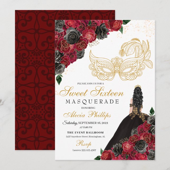 Invitation Or Noir Roses Rouges Masquerade Sweet 16 (Devant / Derrière)