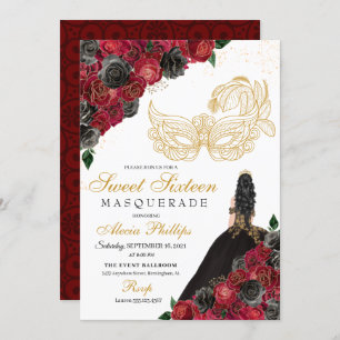 Invitation Or Noir Roses Rouges Masquerade Sweet 16