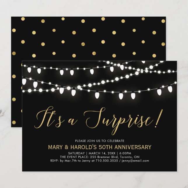 Invitation Or & Noir | Surprise 50e anniversaire de mariage (Devant / Derrière)