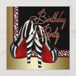 Invitation Or Noir Talons Hauts Rouge Zèbre Fête d'anniversai