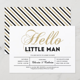 Invitation Or, noir   Typographie moderne Baby shower garçon