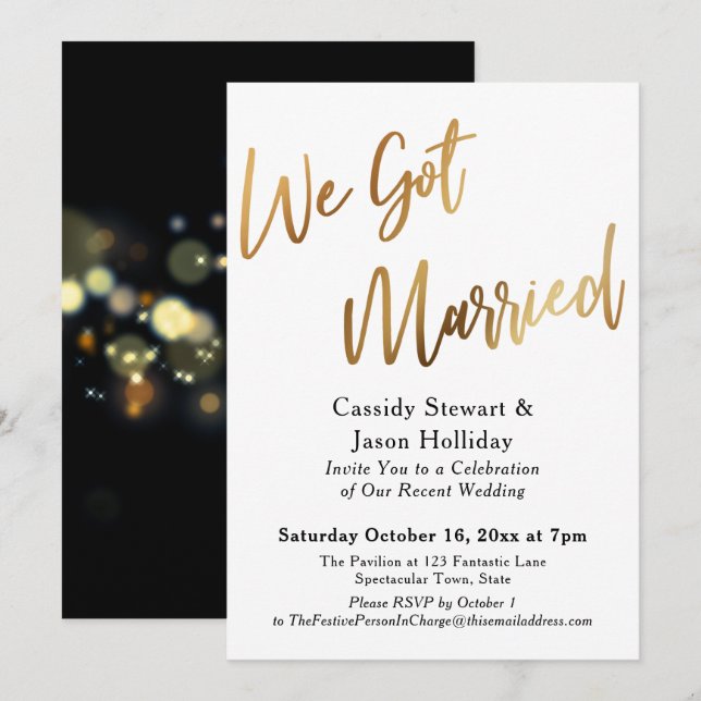 Invitation Or Nous Nous Sommes Mariés Bokeh Fond Noir De Réce (Devant / Derrière)