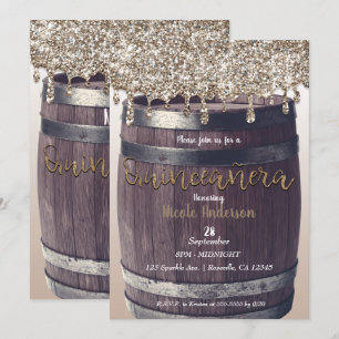 Invitation Or Pailleté Champagne Coulée Rustique Quinceañera