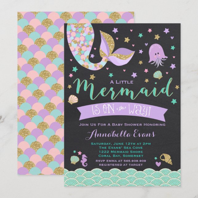 Invitation Or pourpre turquoise d'invitation de baby shower (Devant / Derrière)