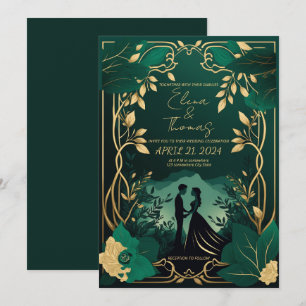 Invitation Or romantique et vert émeraude