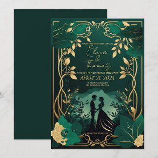 Invitation Or romantique et vert émeraude