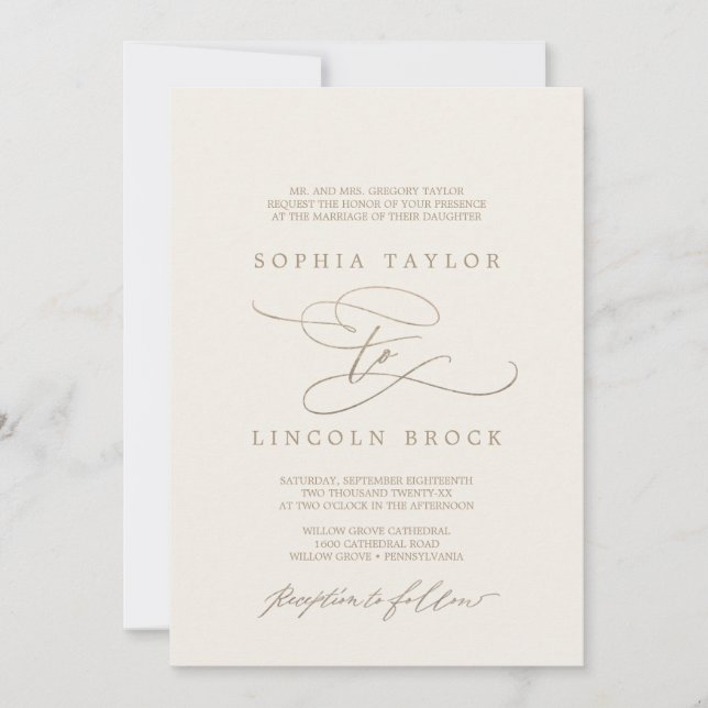Invitation Or romantique | Mariage officiel ivoire (Devant)