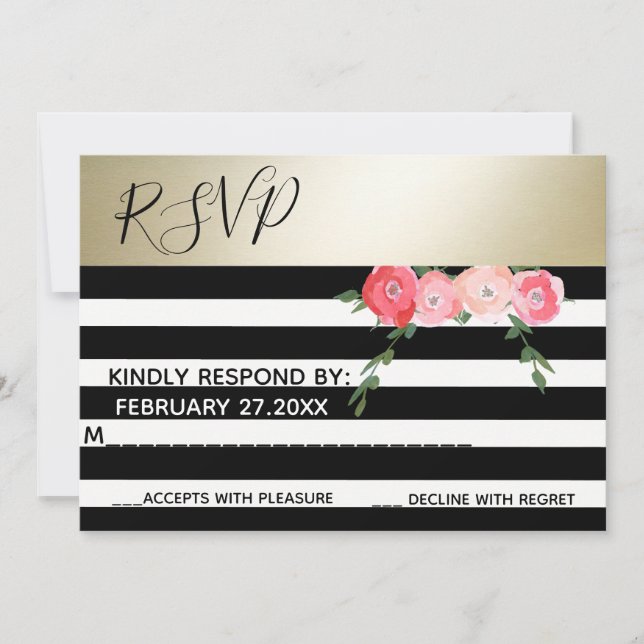 Invitation Or Rose avec bandes noir/blanc mariage RSPV (Devant)