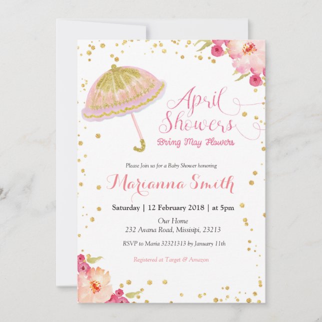 Invitation Or rose avril douche Apporter mai fleurs (Devant)