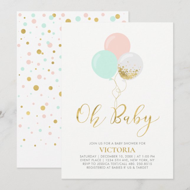 Invitation Or, rose, ballons à la menthe | Oh Baby shower béb (Devant / Derrière)