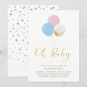 Invitation Or, rose, Ballons Bleus Oh Baby shower bébé