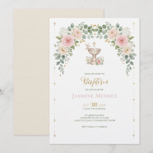 Invitation Or Rose Beige Colombe Fleurie Baptême de Fille
